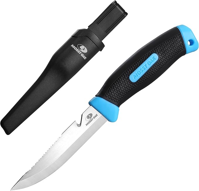 Mossy Oak Cuchillo de exterior de hoja fija de 4 pulgadas con vaina-azul océano