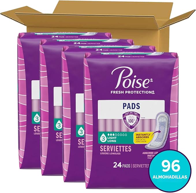 Poise Almohadillas de incontinencia y almohadillas de incontinencia posparto, 3 gotas de absorción de luz, longitud larga, 96 unidades (4 paquetes de 24)