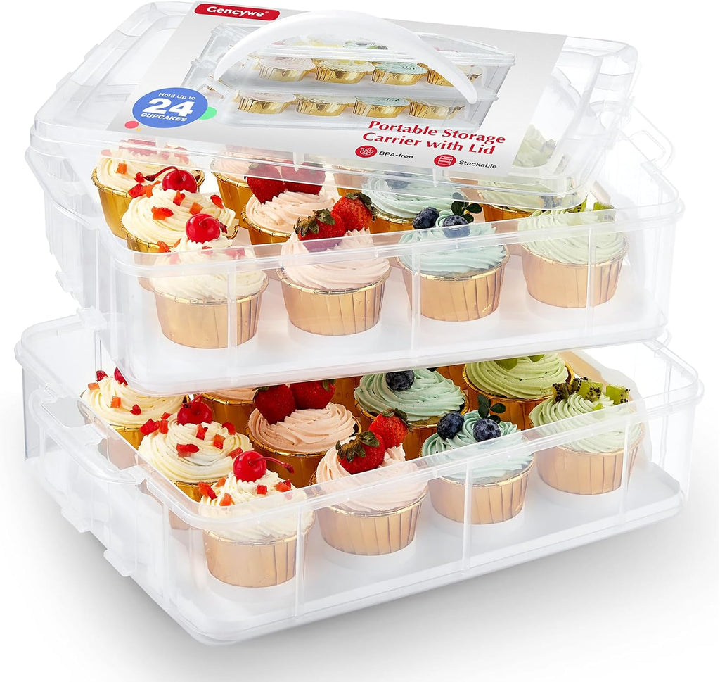 Caja de plástico para cupcakes Gencywe, paquete de 24 unidades, soporte de 2 niveles con tapa y asas, ideal para guardar galletas, pasteles, cupcakes y brownies. Caja reutilizable para cupcakes.