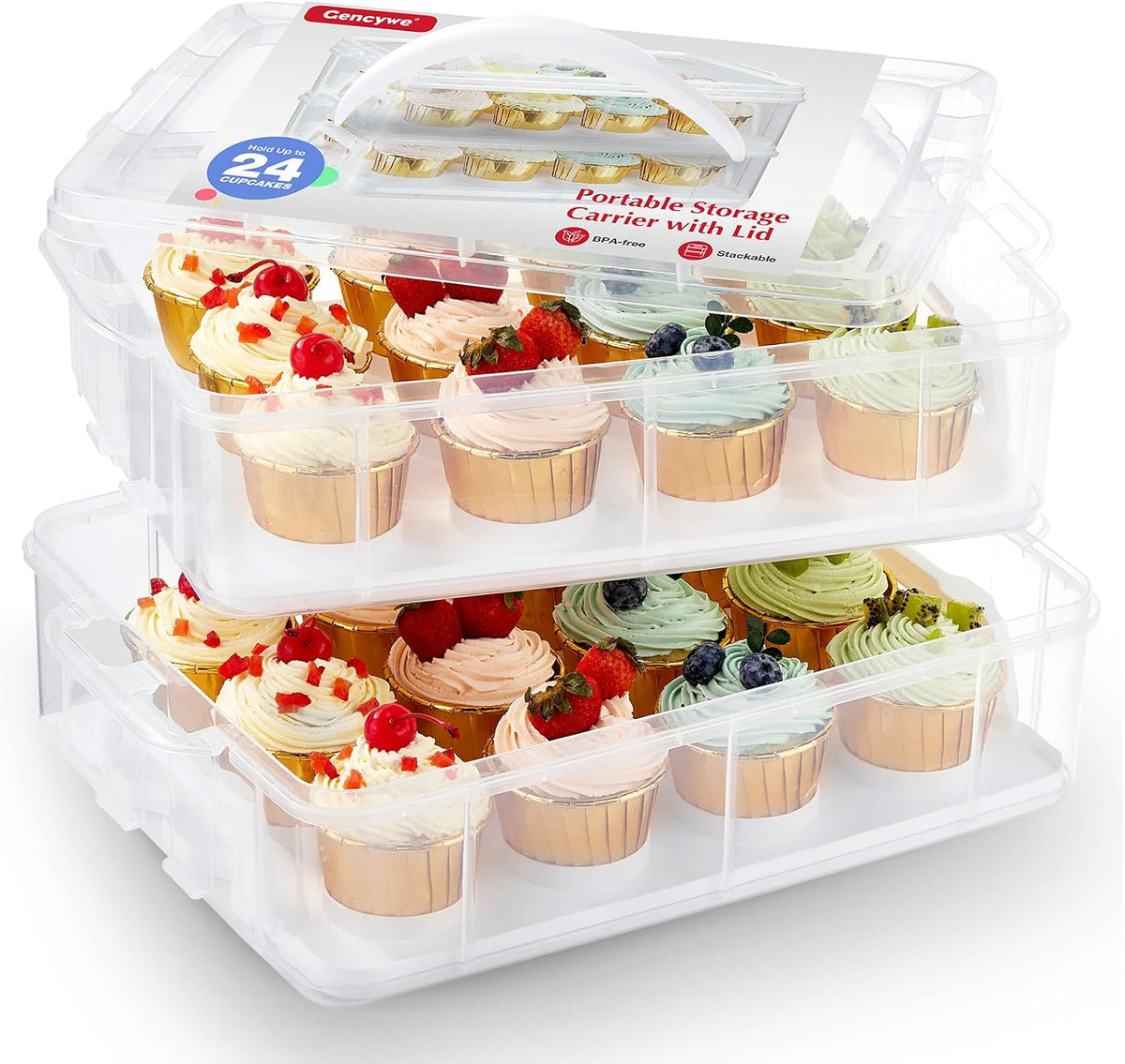 Caja de plástico para cupcakes Gencywe, paquete de 24 unidades, soporte de 2 niveles con tapa y asas, ideal para guardar galletas, pasteles, cupcakes y brownies. Caja reutilizable para cupcakes.