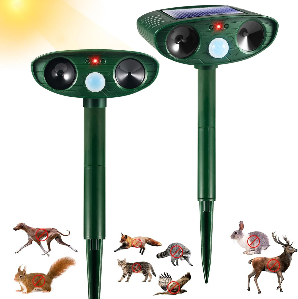 ⚠️ PRESENTA USO, NO AFECTA SU FUNCIÓN | Repelente Animal Ultrasónico Solar 2 Piezas Exterior, Dispositivo Impermeable Sensor Movimiento, Protección Ardilla Gato Venado Perro Mapache Conejo