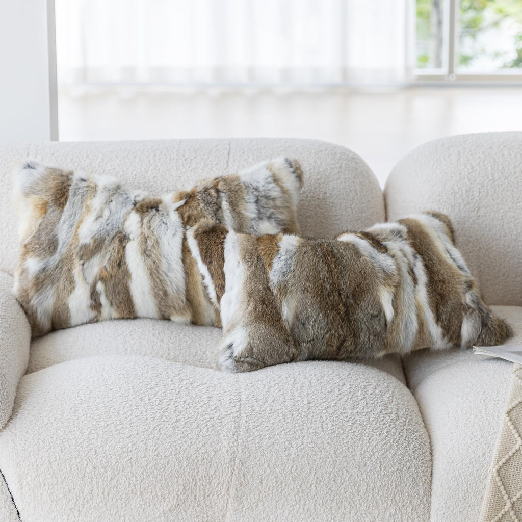 Juego de 2 fundas de almohada de piel de conejo MOOX, almohada decorativa lumbar de piel suave y mullida, piel auténtica de animal, 30 x 50 cm, funda para sofá, sillón o cama, color amarillo y blanco.