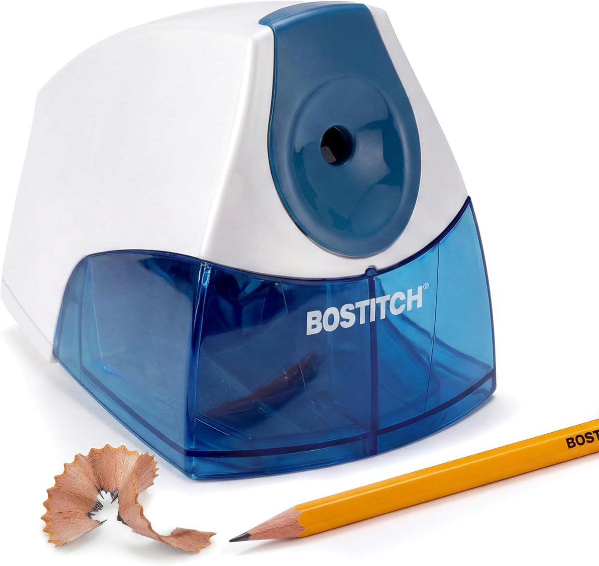 Sacapuntas eléctrico Bostitch Office para uso en aula y escritorio, motor resistente que no se atasca, bandeja de virutas de gran capacidad, azul.