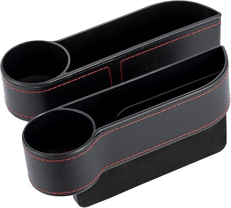 Organizador para espacio entre asientos de automóvil, entre el organizador de asiento delantero y la caja de almacenamiento, consola de piel sintética de alta calidad con portavasos, bolsillo para elementos esenciales interiores