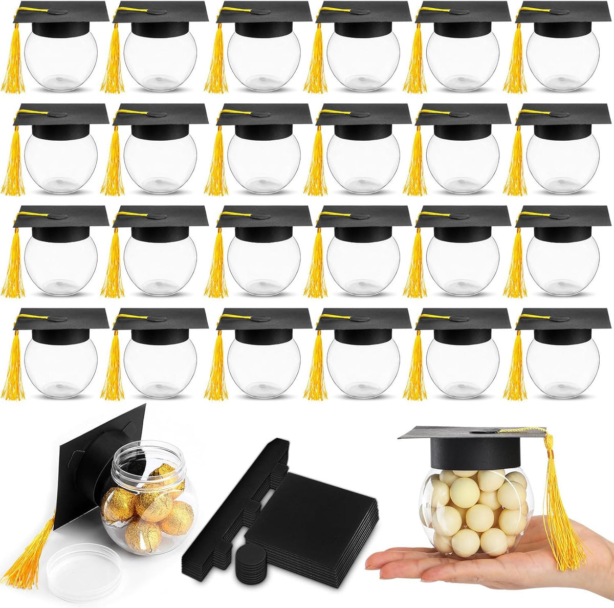 24 Frascos Forma Birrete Oro Teenyyou 2026 Graduación, Contenedores Dulces con Borlas para Favores de Fiesta, Suministros DIY para Mesa, Regalos