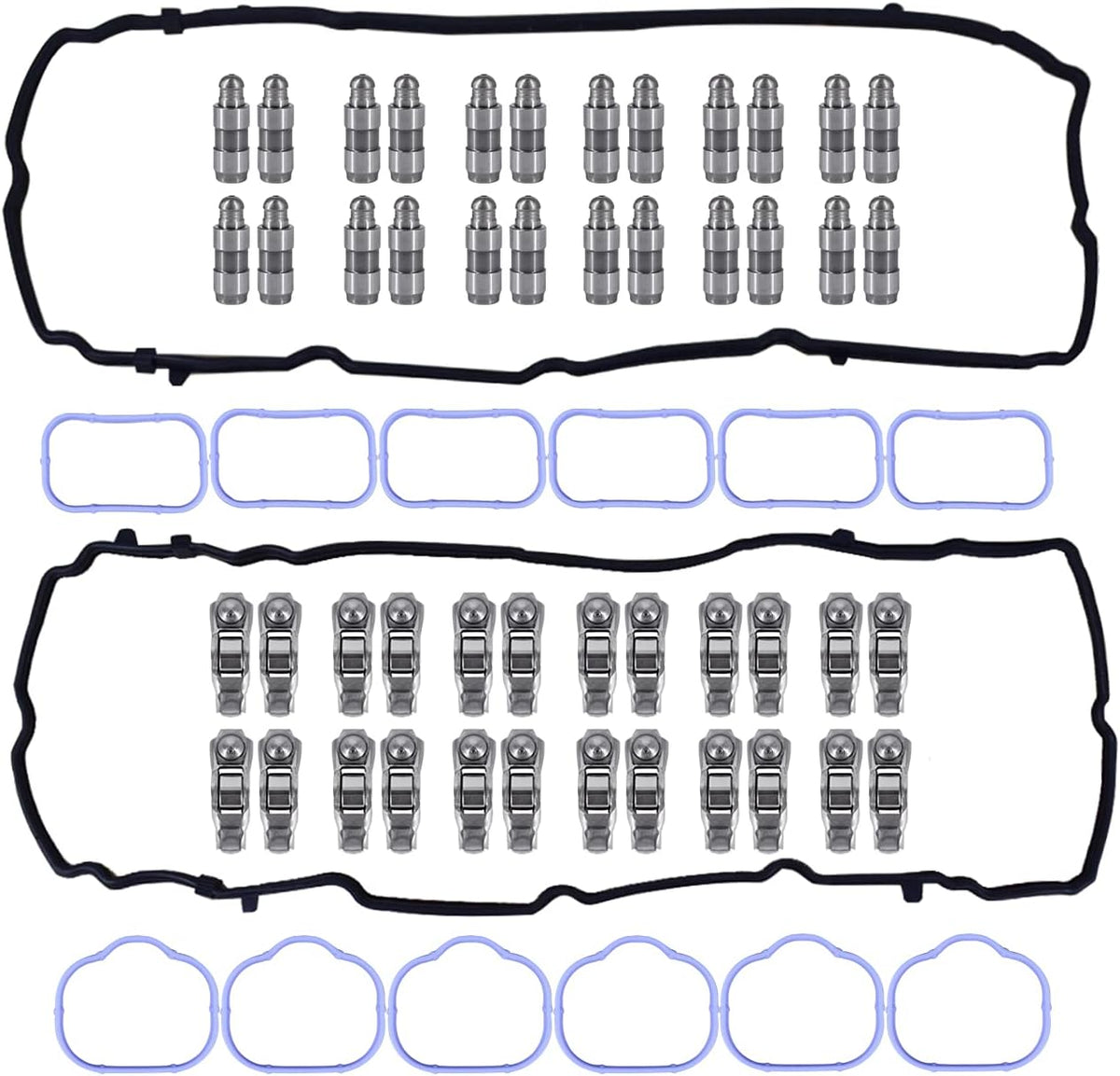 Kit de 24 piezas de taqués de balancines y juntas de tapa de válvulas compatible con Dodge Journey Challenger Durango Avenger Ram 1500 Grand Cherokee Wrangler 11-20 y Chrysler 200 300 11-19. Números de pieza: 5184296AH, 5184332AA, 5184596AE y 5184331AC.