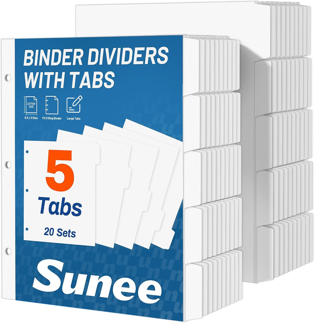 Separadores de Carpeta SUNEE con 5 Pestañas para Argollas 3 Anillos – Tamaño 8.5x11, Blancos, 20 Sets (100 Separadores)
