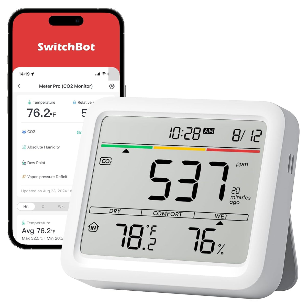 Detector de CO2 SwitchBot | Monitor de Calidad del Aire Interior | Mide CO2, Temperatura y Humedad | Portatil para Hogar, Auto, Oficina e Invernadero