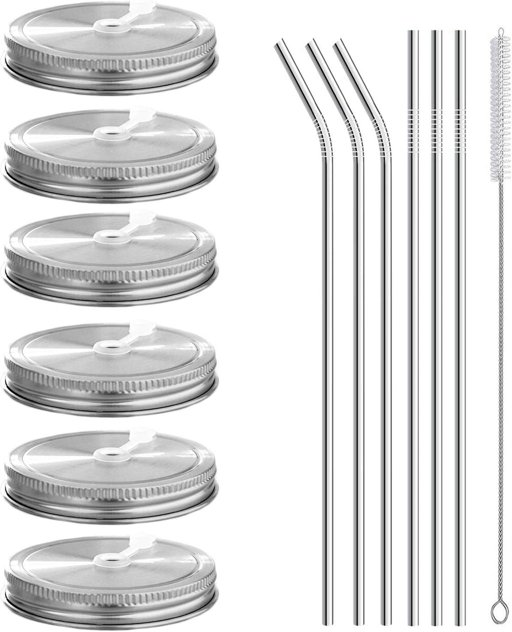6 Tapas de Acero Inoxidable 304 para Frascos Mason Boca Ancha | Con Agujero, 6 Pajillas y Cepillo | Compatible Ball y Kerr