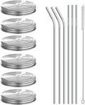 6 Tapas de Acero Inoxidable 304 para Frascos Mason Boca Ancha | Con Agujero, 6 Pajillas y Cepillo | Compatible Ball y Kerr