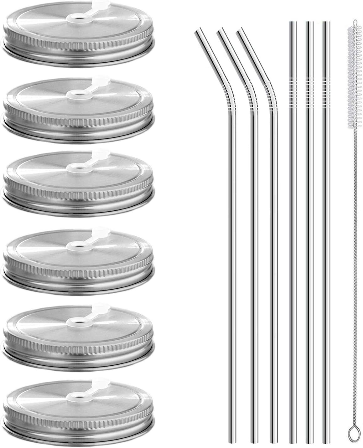 6 Tapas de Acero Inoxidable 304 para Frascos Mason Boca Ancha | Con Agujero, 6 Pajillas y Cepillo | Compatible Ball y Kerr