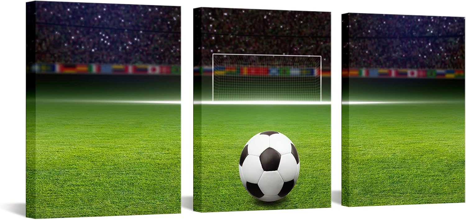 Arte en Lienzo de Fútbol – 3 Paneles 30x40 cm, Enmarcado y Listo para Colgar, Decoración Moderna