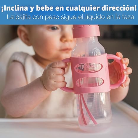 Dr. Brown's Milestones - Botella con sorbete estrecho a prueba de derrames, con asas de silicona 100% y popote con peso, 8 onzas, gris/rosa, 6 meses