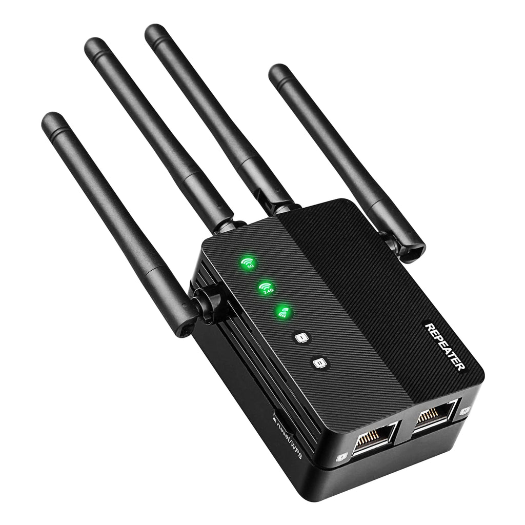 Extensor WiFi de doble banda de 1200 Mbps (5 GHz/2,4 GHz), amplificador de señal WiFi, cobertura de 12880 pies cuadrados, compatible con 105 dispositivos, configuración para uso doméstico y exterior.