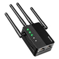 Extensor WiFi de doble banda de 1200 Mbps (5 GHz/2,4 GHz), amplificador de señal WiFi, cobertura de 12880 pies cuadrados, compatible con 105 dispositivos, configuración para uso doméstico y exterior.