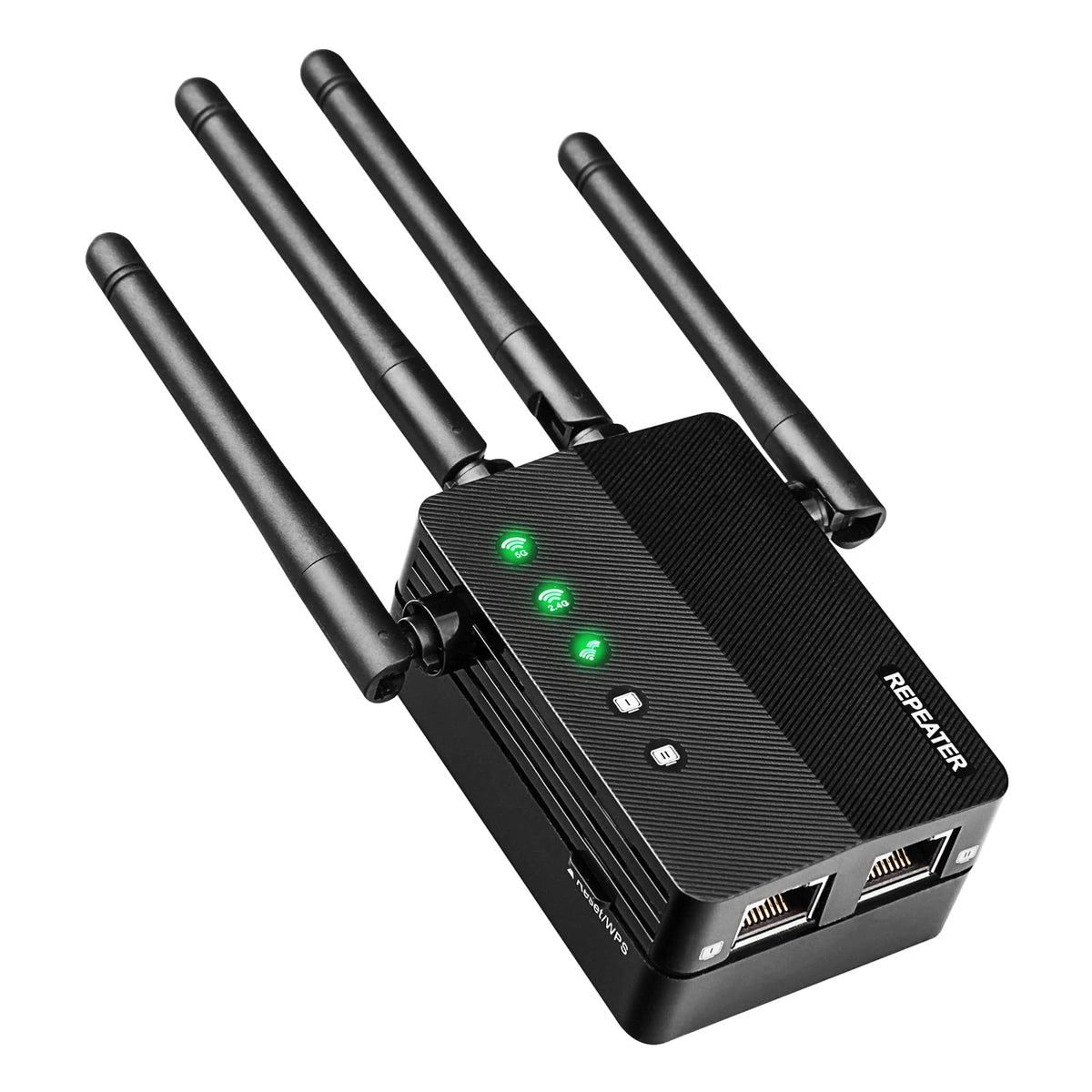 Extensor WiFi de doble banda de 1200 Mbps (5 GHz/2,4 GHz), amplificador de señal WiFi, cobertura de 12880 pies cuadrados, compatible con 105 dispositivos, configuración para uso doméstico y exterior.