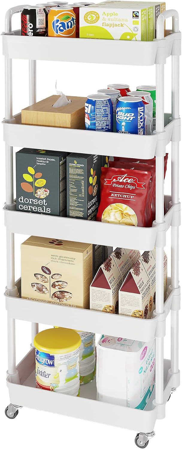 Carrito Organizador Rodante Laiensia 5 Niveles Blanco con Ruedas - Estante Móvil Multifuncional para Cocina, Baño y Lavandería