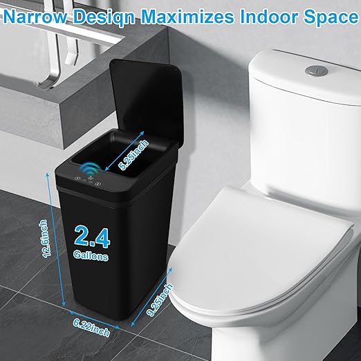 Basurero de baño, basurero inteligente sin contacto, cubo de basura automático con sensor de movimiento con tapa, cubo de basura de 2.4 galones, cocina, baño, oficina, dormitorio (negro)