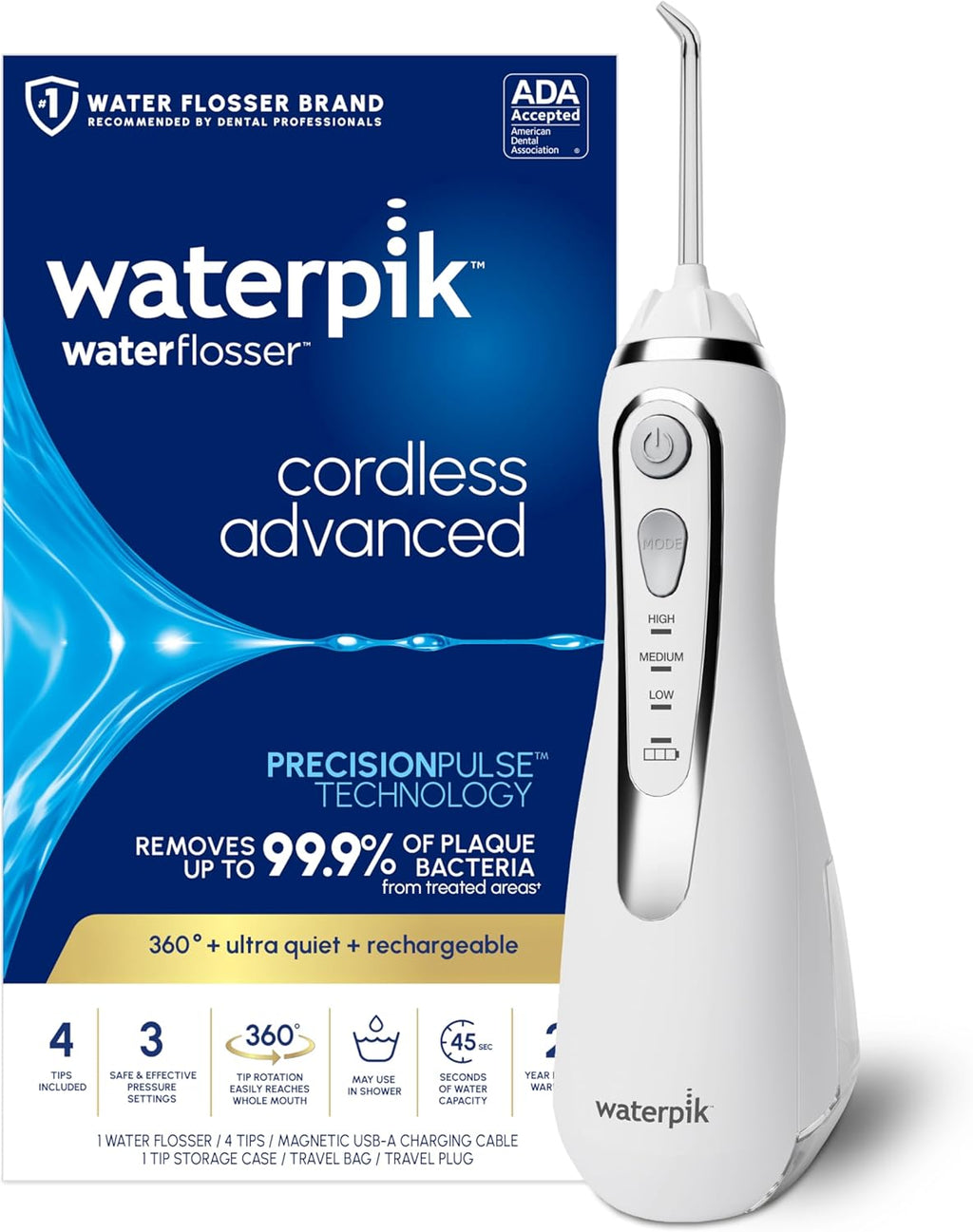 Irrigador Dental Waterpik Inalámbrico Avanzado 2.0 para Dientes, Encías, Aparatos, Cuidado Dental con Bolsa de Viaje y 4 Puntas, Recargable, Portátil e Impermeable, Blanco WP-580