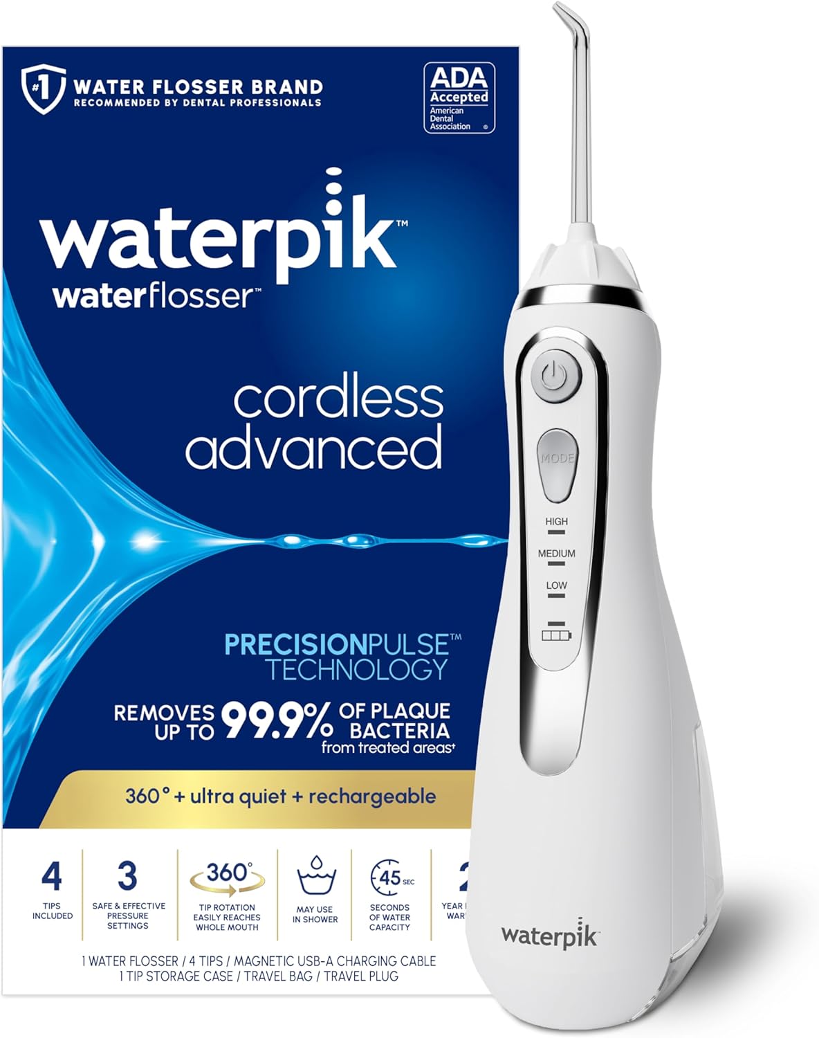 Irrigador Dental Waterpik Inalámbrico Avanzado 2.0 para Dientes, Encías, Aparatos, Cuidado Dental con Bolsa de Viaje y 4 Puntas, Recargable, Portátil e Impermeable, Blanco WP-580