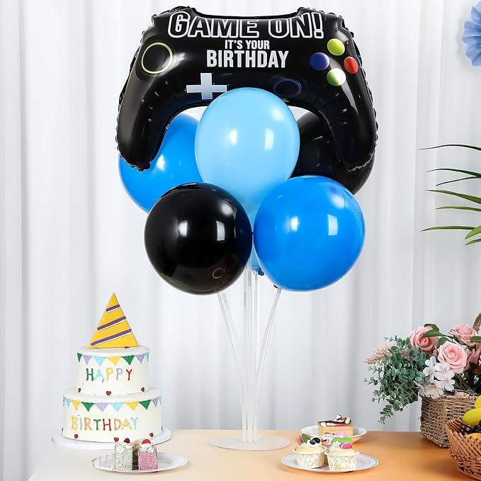 Kit de 4 Soportes con Globos Foil para Fiesta de Videojuegos – Diseño Mando de Juego, Negro y Azul | Centerpiece para Cumpleaños Gamer, Niño y Niña