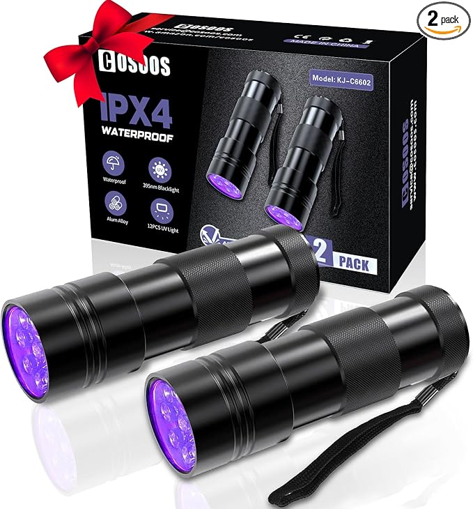 COSOOS Paquete de 2 Linternas UV, Linterna de Mano de Luz Negra de 12 LED 395nm, Mini Detector de Antorcha de Luz para Manchas de Orina de Perros y Mascotas, Chinches de Cama y Escorpiones.