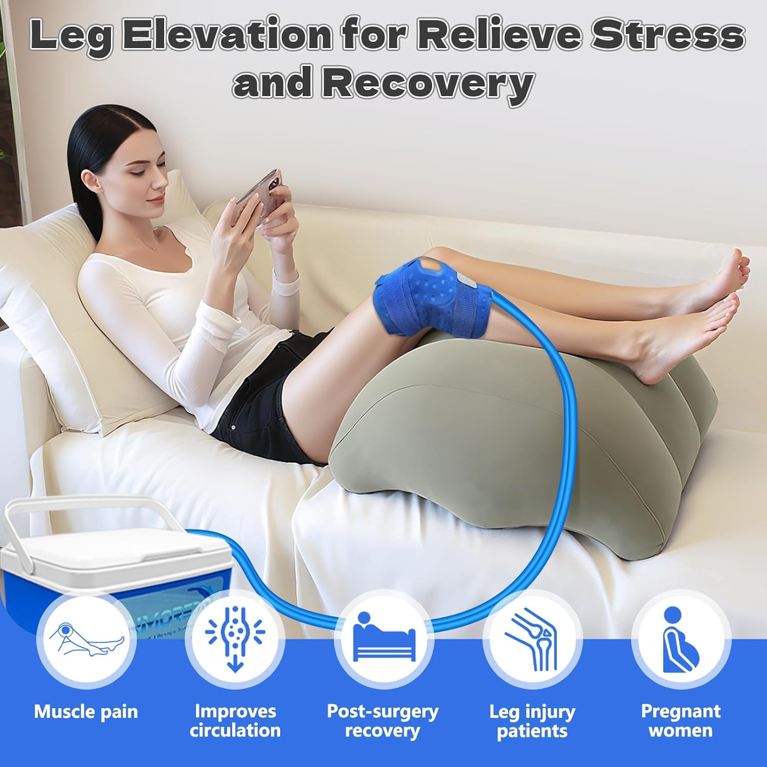 Inmoredo Almohada inflable de elevación de piernas después de la cirugía, almohadas elevadoras de piernas de cuña para recuperación de lesiones, circulación sanguínea, hinchazón, cojín de apoyo para piernas, dolor de rodilla, cadera, tobillos