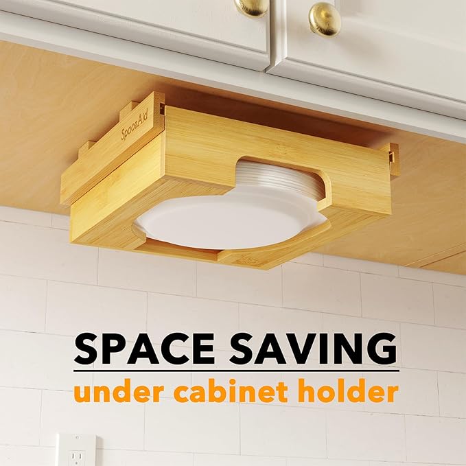 SpaceAid Dispensador de platos de papel de 9 y 12 pulgadas, soporte para platos de bambú debajo del gabinete, soportes verticales para encimera de cocina