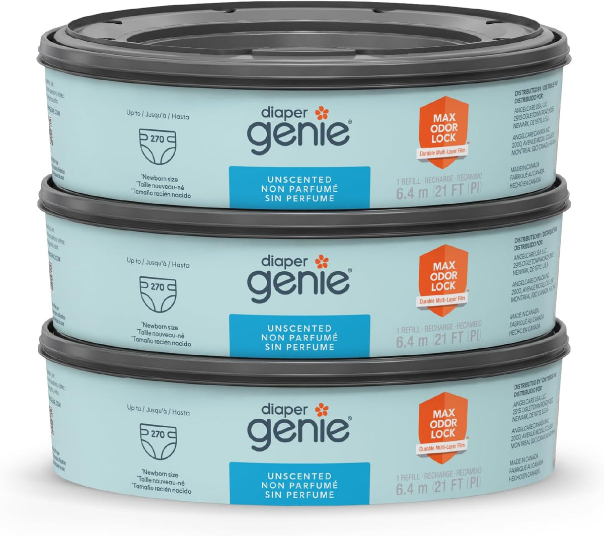 Recambios para bolsas de pañales Diaper Genie, 270 unidades (paquete de 3) con máxima capacidad de retención de olores | Capacidad para hasta 810 pañales de recién nacido