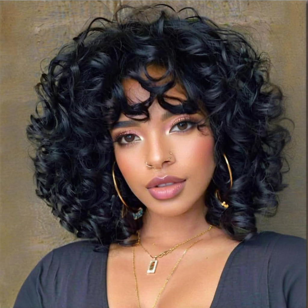 Peluca Rizada Corta Kavsni para Mujeres Negras | Peluca Afro Kinky con Flequillo, Rizos Grandes y Resistente al Calor | Sintética de Aspecto Natural, Negro