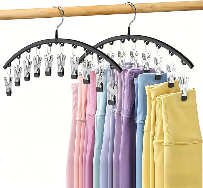 Volnamal Organizador de leggings para armario, perchas de metal para pantalones de yoga, paquete de 2 con 10 clips con capacidad para 20 leggings, organizador de armario colgante que ahorra espacio