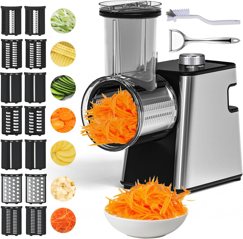 Rallador de queso eléctrico 7 en 1, rallador de queso de 300 W para queso en bloque con 14 cuchillas, pelador en Y y cepillo, rallador automático de queso eléctrico para cocina, ideal para verduras, frutas y ensaladas.