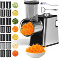 Rallador de queso eléctrico 7 en 1, rallador de queso de 300 W para queso en bloque con 14 cuchillas, pelador en Y y cepillo, rallador automático de queso eléctrico para cocina, ideal para verduras, frutas y ensaladas.