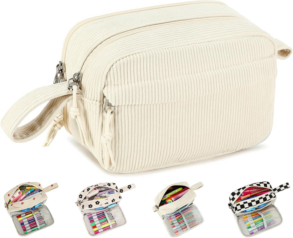 Estuche para lápices Bluboon de gran capacidad, estuche para lápices, estuche para bolígrafos, útiles escolares, linda caja de lápices de pana, bolsa para lápices para adolescentes, niñas, niños, mujeres, hombres, bolsa de maquillaje (beige A)