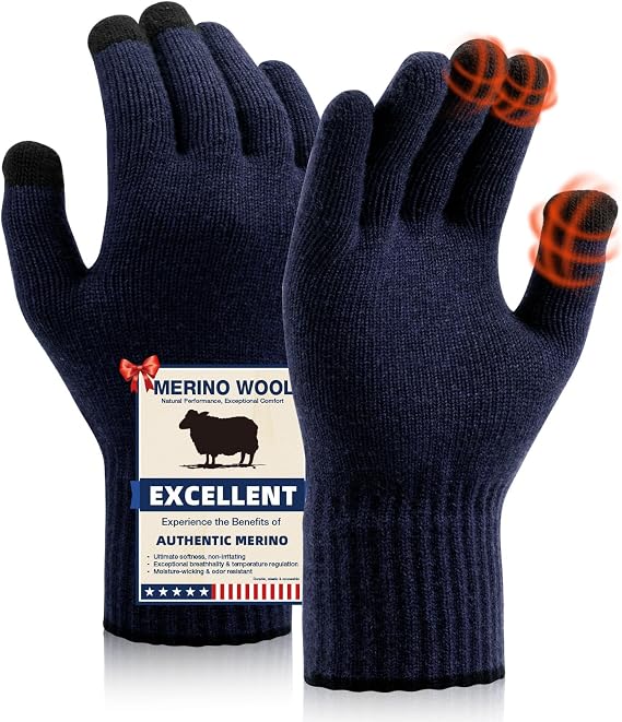 Guantes de lana merina para hombres y mujeres, forro térmico con pantalla táctil, guantes cálidos de punto suave para invierno, correr y hacer senderismo