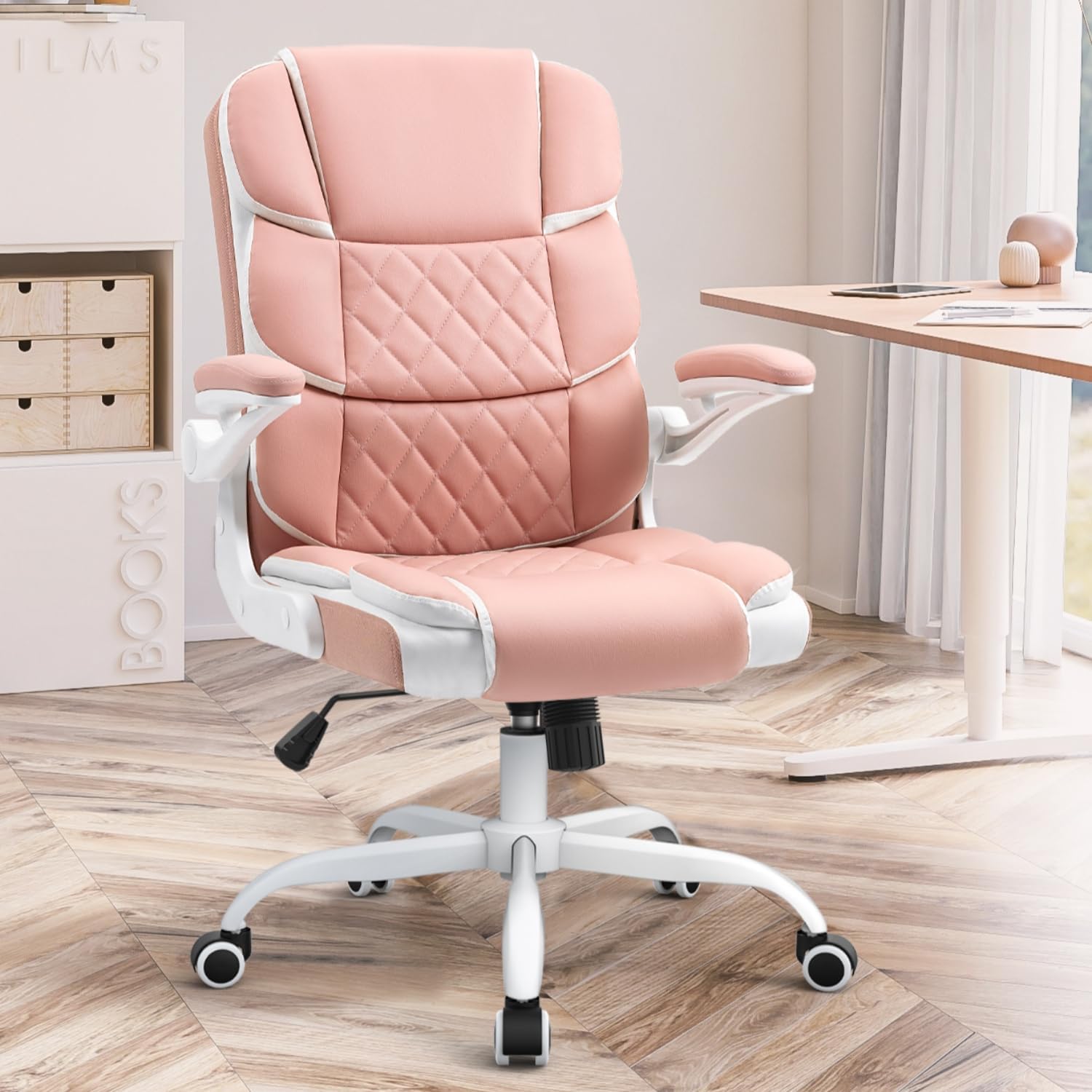 SEATZONE – Silla Ejecutiva Ergonómica Moderna de PU para Oficina en Casa – Con Ruedas y Apoyabrazos Abatibles, Soporte Lumbar y Giro 360° – Rosa