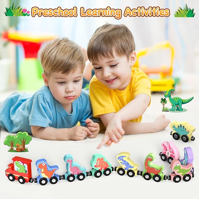 Zeoddler Juguetes para niños pequeños, conjunto de 11 trenes magnéticos de madera con dinosaurios, juguetes Montessori para niños pequeños, material educativo preescolar para niños