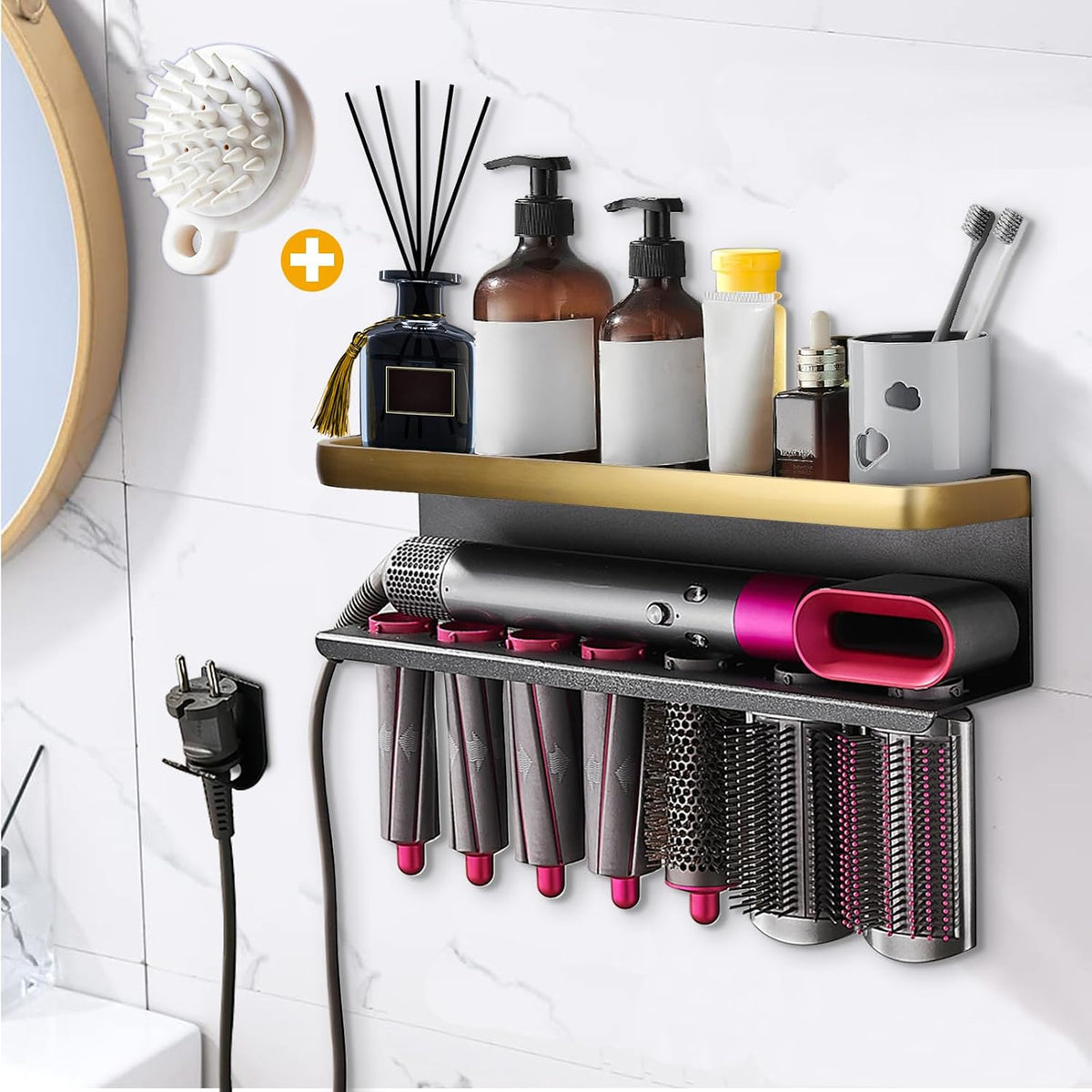 Soporte de almacenamiento Yimerlen Airwrap compatible con rizador Dyson Airwrap, organizador de pared para el hogar (con peine), color dorado.