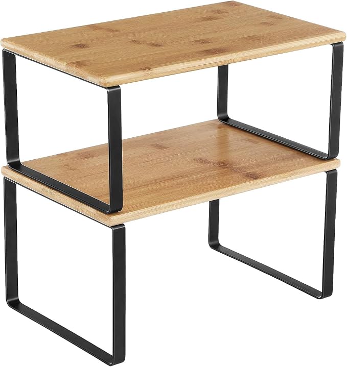 Estante organizador para gabinetes de Rellon Industries, juego de 2 estantes para encimera de cocina, almacenamiento para cocina, especiero, apilable, expandible, metal y madera de ingeniería, negro y natural (madera)