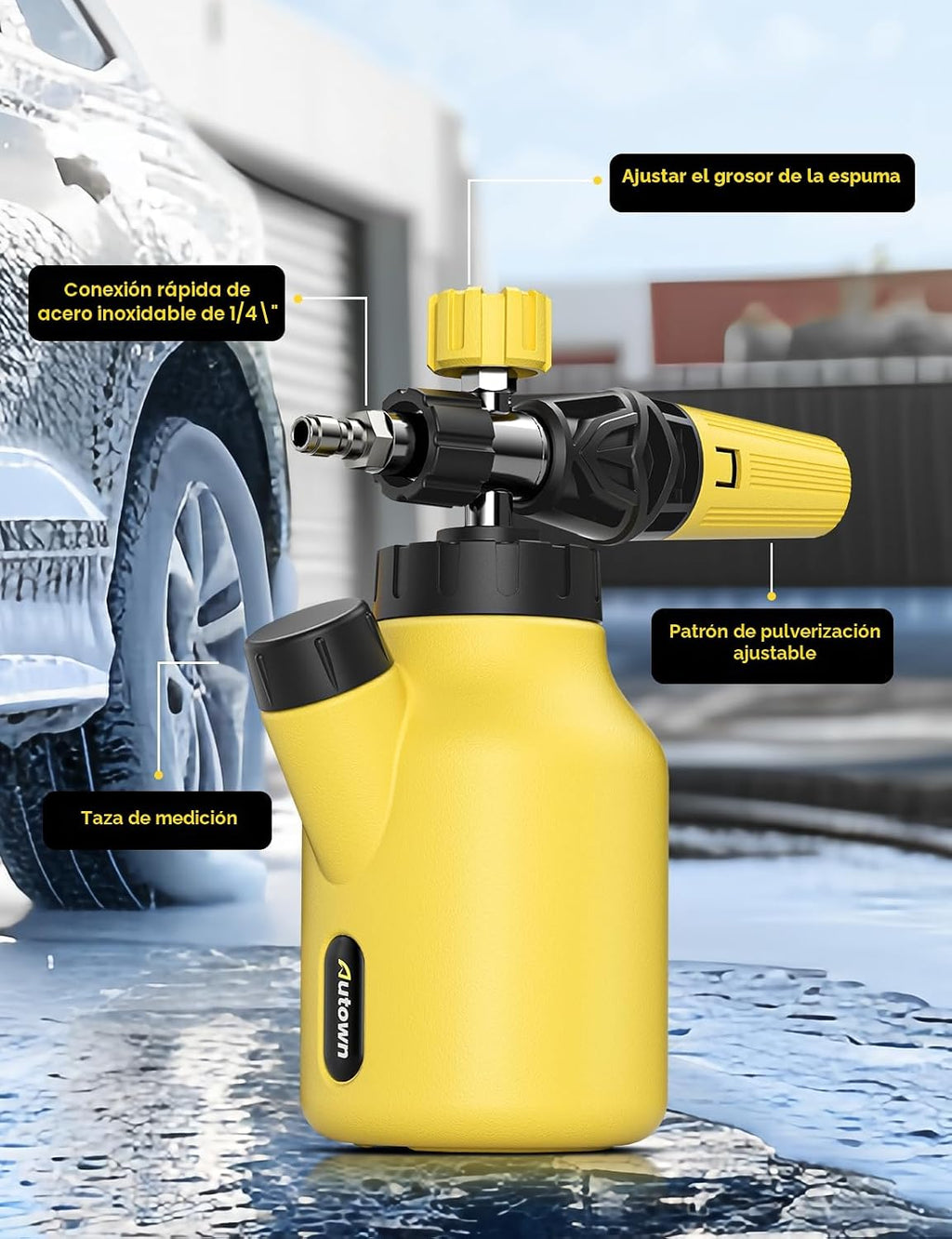 AUTOWN Cañón de espuma para lavadora a presión, rociador de espuma para lavado de autos con conector rápido de 1/4 pulgadas, pistola de espuma de lavado de autos resistente, boquilla ajustable, cuello