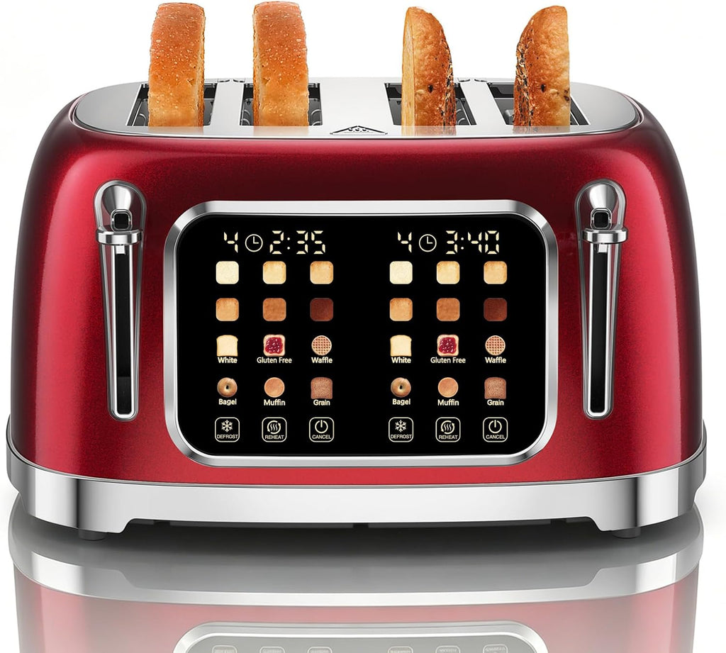 Tostador Retro de Acero Inoxidable RONGBEST 4 Ranuras con Pantalla Táctil Ancha para Desayuno Familiar, Recalentar y Descongelar, 6 Niveles de Dorado para Bagel y Pan, Bandeja de Migas Fácil de Remover, Rojo Perla