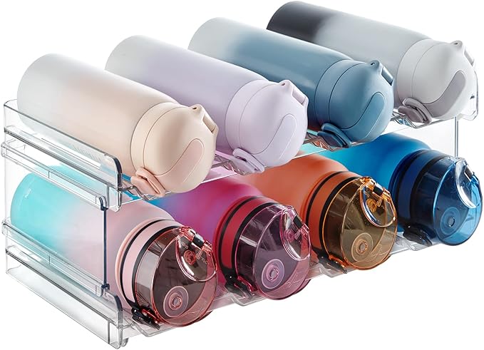 Organizador apilable de botellas de agua para gabinete, soporte de plástico para botellas y vasos de hasta 3.8 pulgadas de diámetro, despensa, encimera y refrigerador, 2 niveles con capacidad