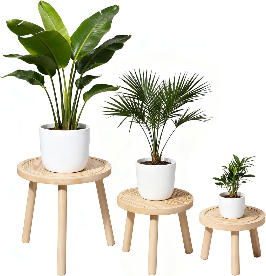 Luckybell 3 PCS Wood Plant Stands Indoor, Mini Round Flower Display Single Plant Stand Outdoor for 6-12 Inch Pots, Tall Plant Stand,Step Stool Plant Stool for Large Plants for Balcony, Living Room(Light Brown)