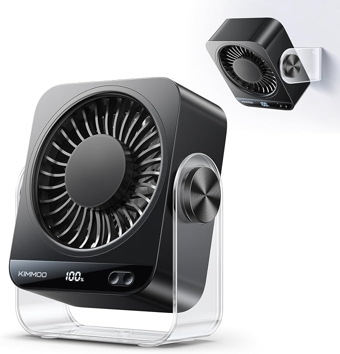 KIMMOO Ventilador de escritorio para dormitorio, ventilador de mesa Turto USB recargable, 199 velocidades, rotación de 270°, ventilador de escritorio pequeño silencioso con pantalla LED