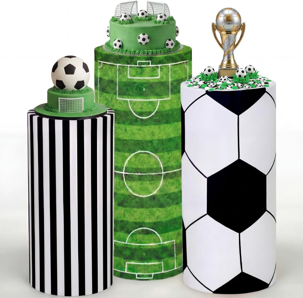 Paquete de 3 fundas cilíndricas de spandex con temática de fútbol de Tranqun para decoración de fiestas temáticas de fútbol, mesas de postres para el hogar, bares deportivos, eventos en estadios, decoración de fondo para bodas y fiestas de cumpleaños