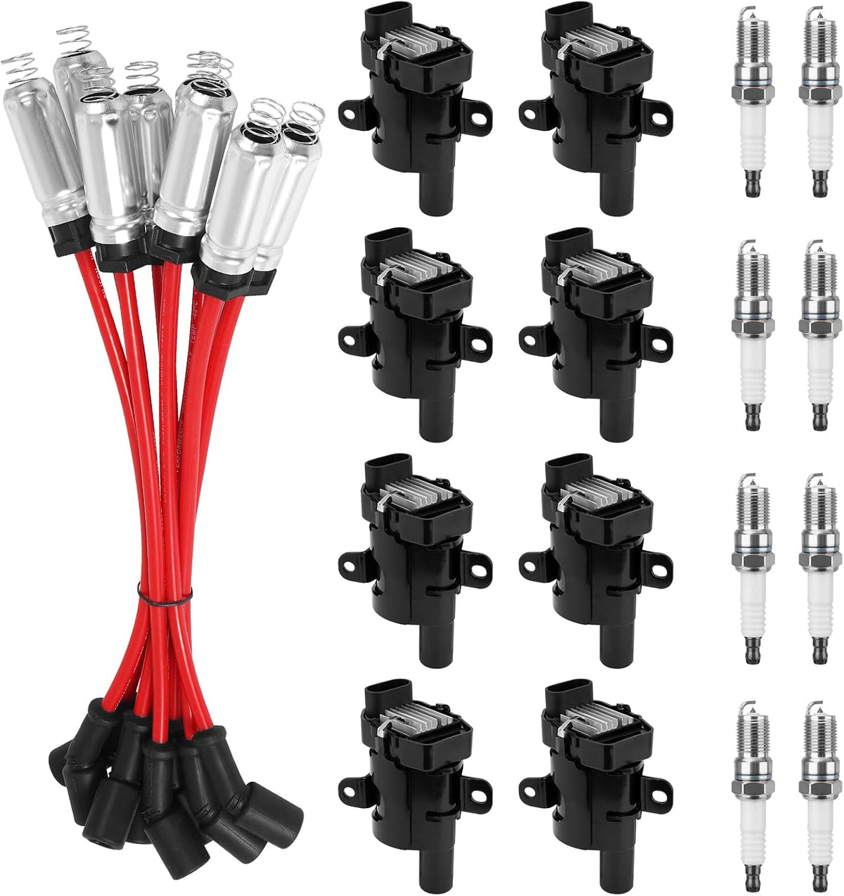 Kit de Encendido V8 GM – 8 Bobinas UF262 Redondas + Cables 9748UU + Bujías Platino 41-962
