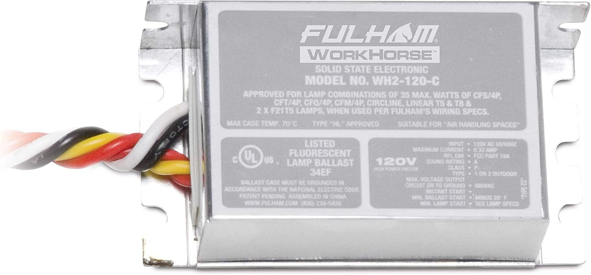 Balasto Electrónico Fulham Workhorse WH2-120-C – 120V Arranque Instantáneo, 1 o 2 Lámparas T5/T6/T8/CFL, Certificado cUL