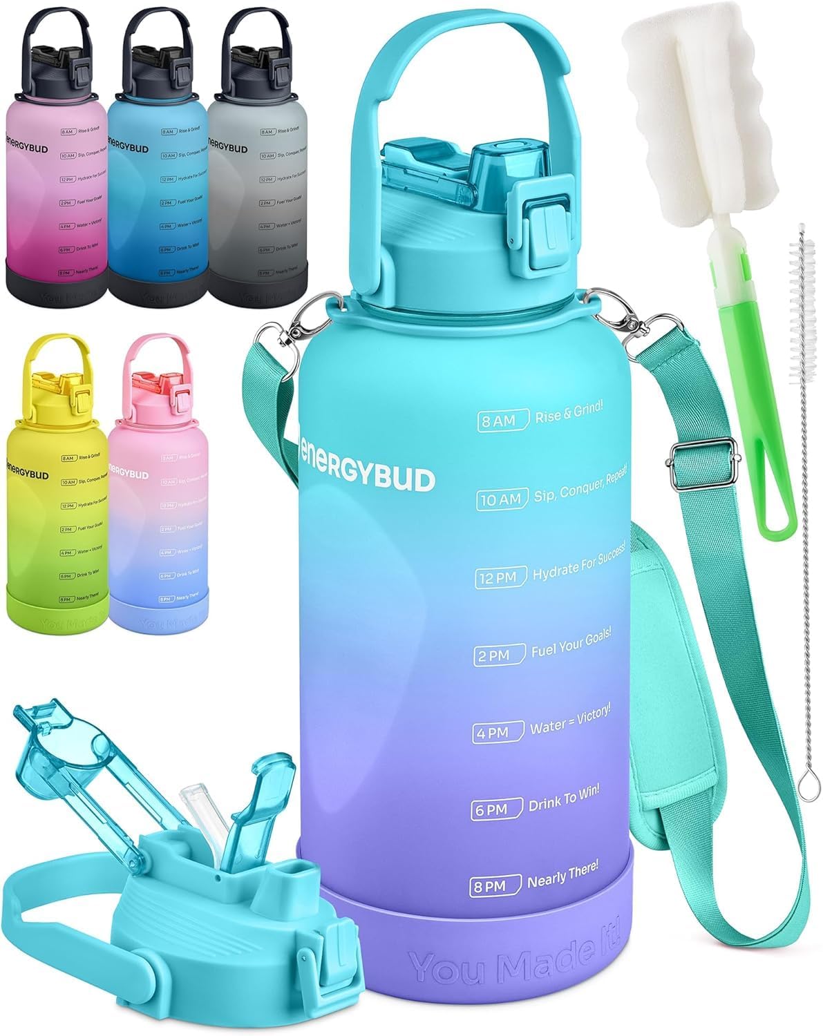 Botella de agua EnergyBud de 1/2 galón con capacidad de 74.3 oz - Marcadores de tiempo motivacionales para objetivos de hidratación diarios - Tritan a prueba de fugas sin BPA con pajita extraíble