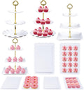 Juego de presentación para mesa de postres, 10 soportes para pasteles, 4 soportes de 3 niveles para cupcakes y 6 bandejas para servir postres, ideales para fiestas, baby showers, bodas y fiestas de té.