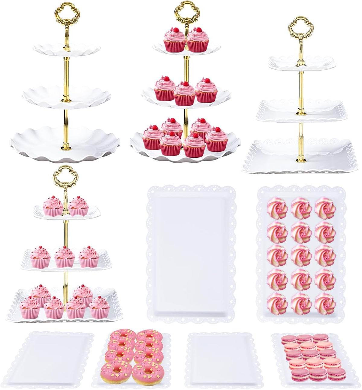 Juego de presentación para mesa de postres, 10 soportes para pasteles, 4 soportes de 3 niveles para cupcakes y 6 bandejas para servir postres, ideales para fiestas, baby showers, bodas y fiestas de té.